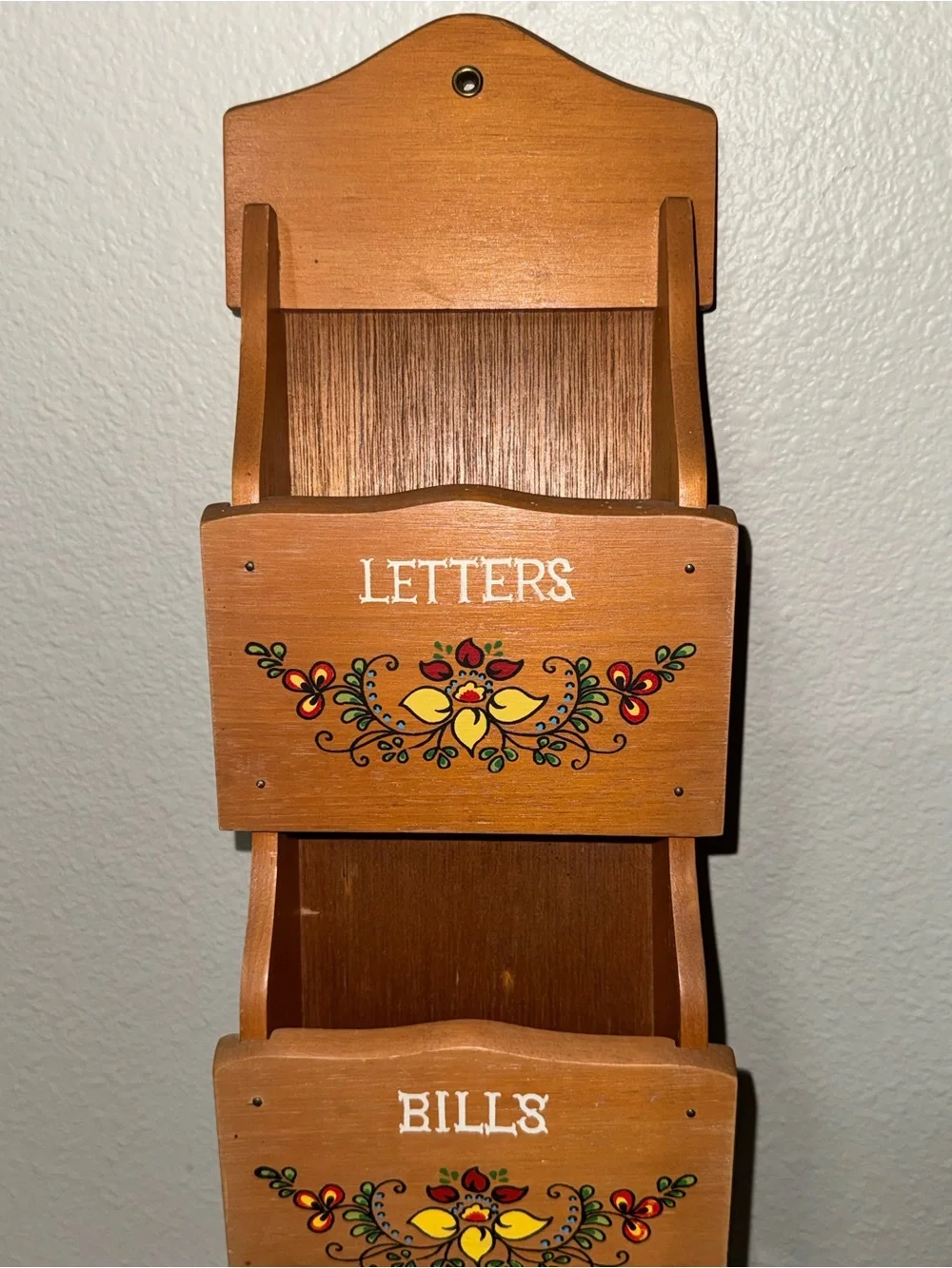 vintage three-tier wooden wall mail organizer hand-painted floral, labeled